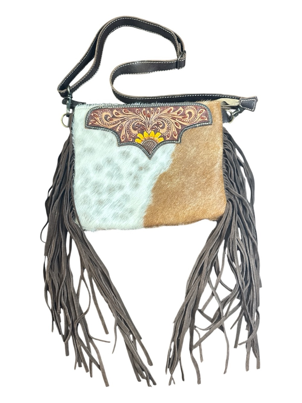 Myra Bag Two-Tone Cowhide Crossbody with Brown Fringe